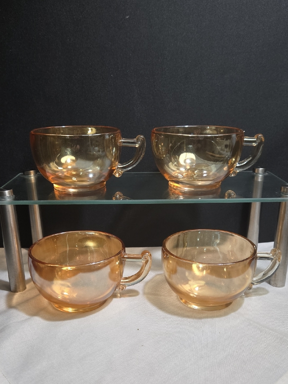 Jeannette Glass Co. Set of 4 Iridescent Amber Glass Teacups